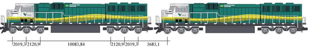 a) b) Figura 3.7 a) Desenho esquemático da Locomotiva DASH-9; b) Desenho esquemático do Vagão GDT. Unidades em mm (VALE, 2009) Da Figura 3.