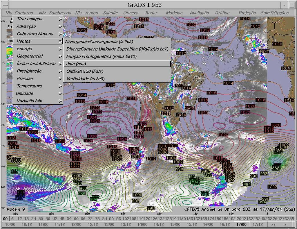 infravermelho e os dados de temperatura, temperatura do ponto de orvalho, pressão ao nível médio do mar, direção e magnitude dos ventos válidos para o mesmo horário da previsão.