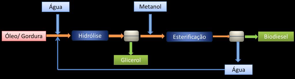 32 A produção de biodiesel por hidroesterificação é um processo que envolve duas etapas consecutivas: hidrólise seguida de esterificação (Figura 8).