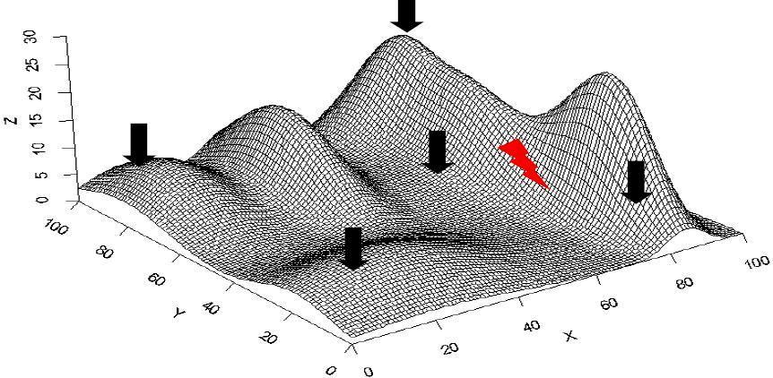 FIGURA 2 Mapa com pontos de coleta do ph do solo em uma superfície aleatória hipotética. Fonte: Assunção (2001). elementos do par é considerado uma origem i enquanto o outro é um destino j.