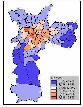 FIGURA 6 Mapa do percentual de idosos (com mais de 70 anos) dos 96 bairros da cidade de São Paulo (censo 1991). Fonte: Câmara et al. (2001).