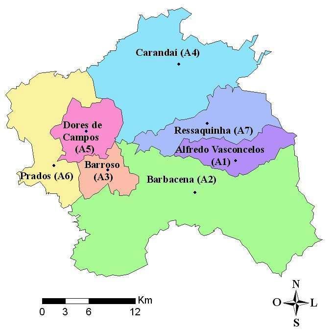 FIGURA 7 Mapa construído por elaboração própria de sete municípios localizados na mesorregião Campo das Vertentes - MG. Lavras, 2009.