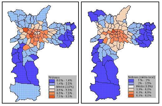 FIGURA 8 Distribuição dos idosos na cidade de São Paulo (censo de 1991). À esquerda, mapa de desvios-padrão. À direita, mapa de desviospadrão com a média móvel local. Fonte: Câmara et al. (2001).
