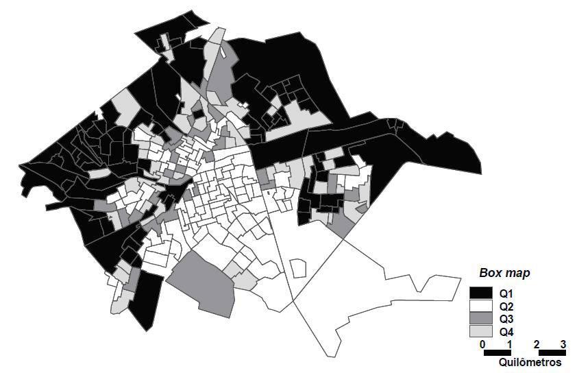 FIGURA 10 Box Map da variável percentagem de viagens de ônibus na cidade de Bauru - SP. Fonte: Krempi (2004). com valores semelhantes.