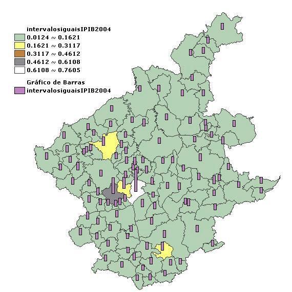 FIGURA 15 Mapa de intervalos iguais com gráfico de barras para a variável IPIB na mesorregião Metropolitana de Belo Horizonte - MG, 2004.