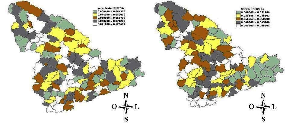 FIGURA 18 Mapa da distribuição da variável IPIB na mesorregião Sul/Sudeste de Minas - MG, 2004. À esquerda, apresentação da variável por quintil. À direita, média móvel local.