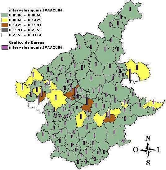 FIGURA 25 Mapa de intervalos iguais com gráfico de barras para a variável IVAA na mesorregião Metropolitana de Belo Horizonte - MG, 2004.