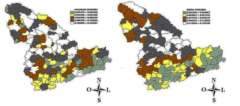 FIGURA 28 Mapa da distribuição da variável IVAA na mesorregião Sul/Sudeste de Minas - MG, 2004. À esquerda, apresentação da variável por quintil. À direita, média móvel local.