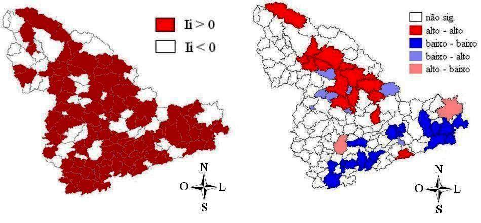 FIGURA 34 Mapa do índice de Moran local da variável IVAA na mesorregião Sul/Sudeste de Minas - MG, 2004. À esquerda, valores positivos e negativos do índice de Moran local. À direita, Moran Map.