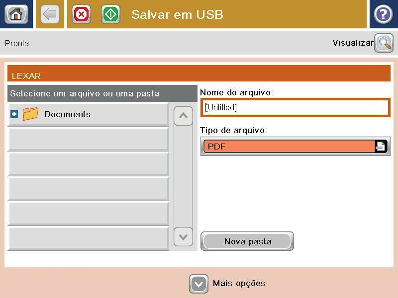 3. Na tela inicial do painel de controle do produto, role até o botão Salvar em USB e toque nele. NOTA: Se solicitado, digite seu nome de usuário e senha. 4.