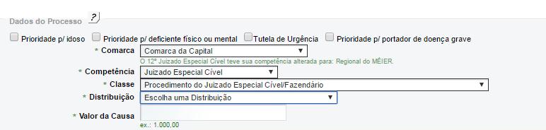 OBSERVAÇÃO: Para as competências Cível, Empresarial, Família, Fazenda Pública ou Órfãos e Sucessões, será disponibilizada a opção Autor opta pela realização de audiência de conciliação ou de mediação?