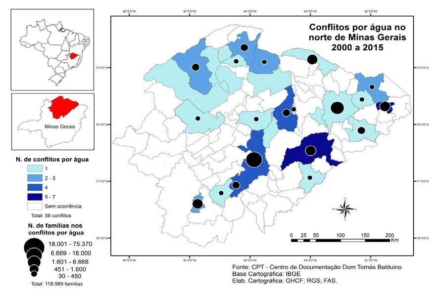 Mapa 6: Conflitos por água 2000 a 2015 no Norte de Minas. Fonte: Comissão Pastoral da Terra (2001 a 2016). Nota-se que muitos conflitos por água estão sobrepostos aos conflitos por terra.