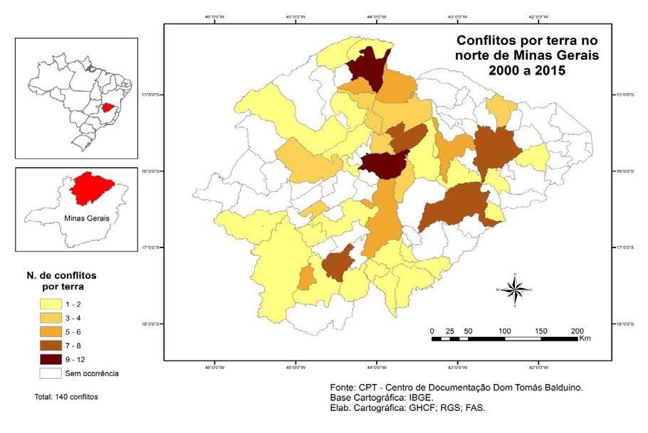 Mapa 1: Mapa Conflito por terra no Norte de Minas Gerais 2000 a 2015. Fonte: Comissão Pastoral da Terra (2001 a 2016).