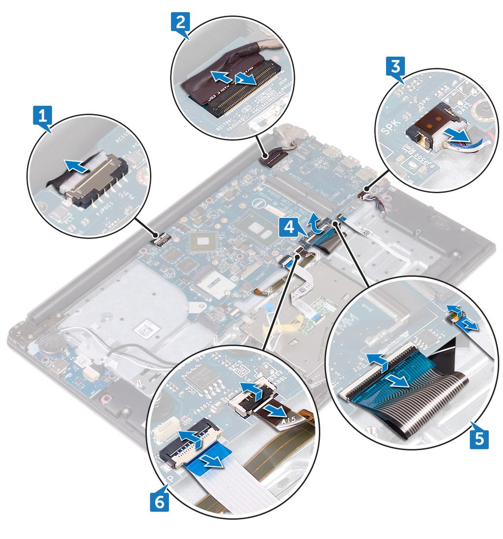 2 Levante a trava e desconecte o cabo da tela da placa de sistema. 3 Desconecte o cabo do alto-falante da placa de sistema. 4 Retire a fita que fixa o cabo do teclado à placa de sistema.