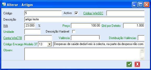 É possível parametrizar se o artigo deve ser incluído no Modelo 37, para aceder a esta opção deverá entrar no menu Faturação -> Tabelas -> Artigos, tendo acesso à tabela a seguir apresentada.