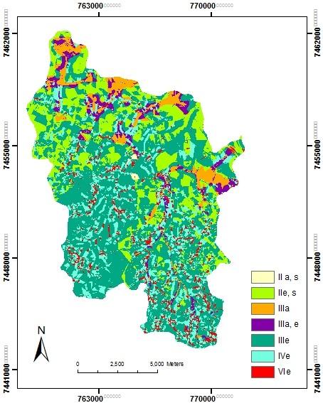 Através do mapa de capacidade de uso foram identificadas as seguintes classes, com potencial ao uso agropecuário: IIa, s; IIe, s; IIIa; IIIa, e; IIIe; IVe; VIe, correspondendo