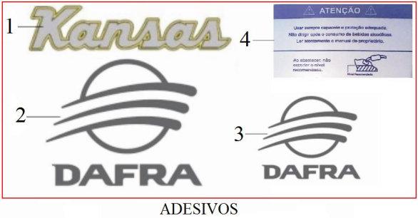 ADESIVOS 1 D02875010001SI ADESIVO DO TANQUE DE COMBUSTIVEL - KANSAS 2008 2 964875000012I Adesivo tampa lateral (moto preta ou laranja) 3