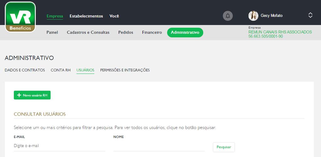 Cadastrar usuários É hora de definir os funcionários da sua empresa que terão acesso ao Portal RH para gestão dos benefícios.