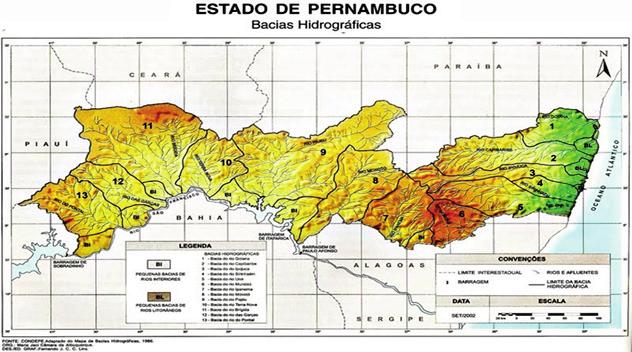 Geografia HIDROGRAFIA As grandes bacias hidrográficas de Pernambuco possuem duas vertentes: o Rio São Francisco e o Oceano Atlântico.