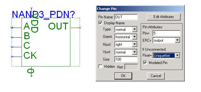- Crie um simbolo, chame-lhe NAND3_PDN, e guarde-o numa livraria de simbolos à sua escolha (por exemplo symbols.slb).