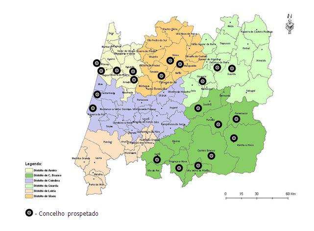 No ano de 2012 foram prospetados 35 freguesias, distribuídas por 21 concelhos, 7 dos quais na área de influência da Estação de Avisos da Bairrada.