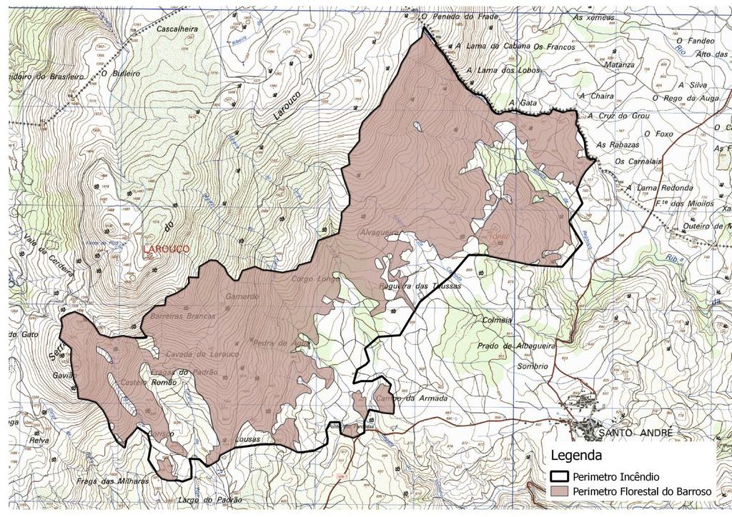 A cartografia do perímetro de área ardida foi elaborada recorrendo a imagens de satélite obtidas por digitalização das imagens Landsat L8 de 15-08 e Landsat L7 de 23-8, com validação da cartografia