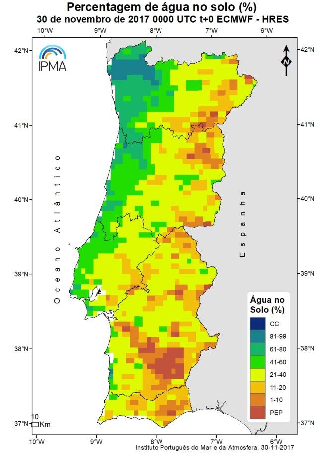 2.5 Água no solo 3 De acordo com o índice de água no solo (Figura 7), a 30 de novembro, grande parte das regiões do interior e do Sul de Portugal continental, apresentam valores de água no solo
