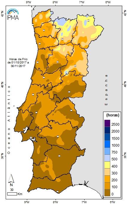 Quadro IV - Número de horas de frio entre 01 de outubro e 30 de novembro de 2017 Distrito Valor sede distrito V. Castelo 154 Bragança 440 Vila Real 287 Braga 284 Porto/P.
