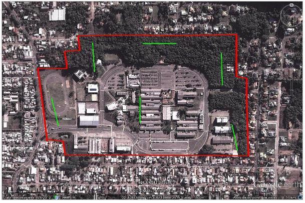 Düpont, A; Mohr, A. R.; Alcayaga, E. A. L. 12 Figura 2 - Mapa do campus Sede da UNISC, destacando na cor verde os seis transectos percorridos.