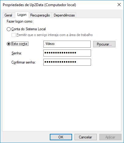 Clicar a guia Logon e realizar a alteração de usuário e senha necessários: