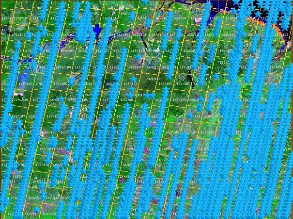 Figura 7.5 Imagens HRC/CBERS disponíveis para a região amazônica com no máximo 20% de cobertura de nuvens. Cada ícone em forma de estrela é uma imagem com esta especificação para o ano de 2008. 8.