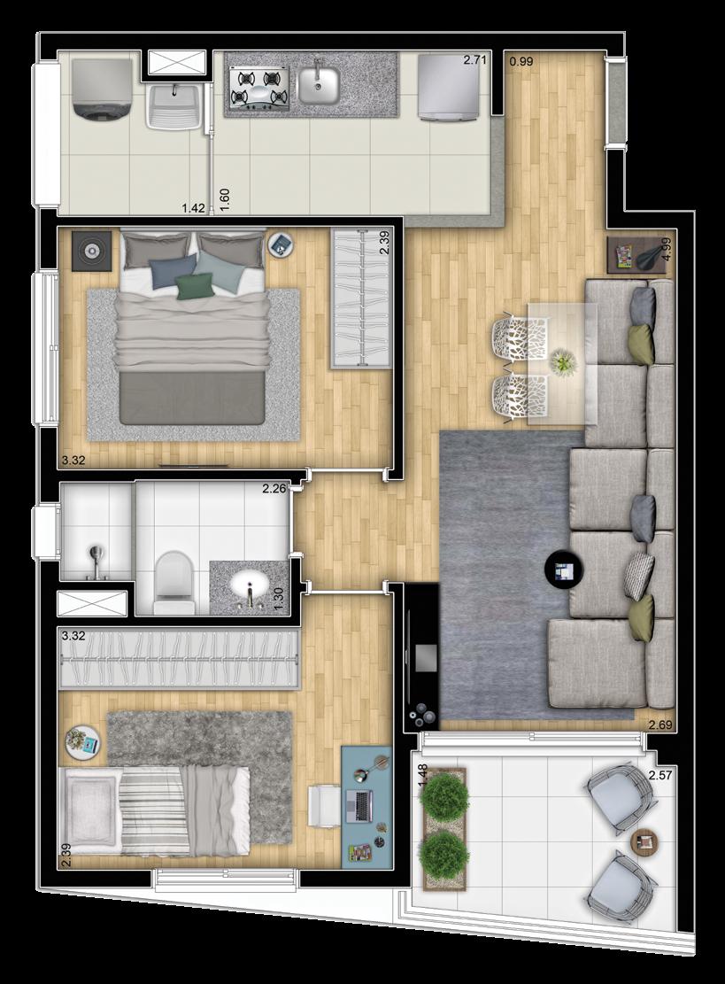 Perspectiva artística do living do apartamento de 55m2 com sala ampliada.