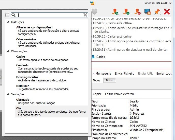 CHAT Pode conversar com o seu cliente remoto durante toda a sessão de apoio técnico. Não necessita de ter permissões de partilha de ecrã antes de iniciar o chat.