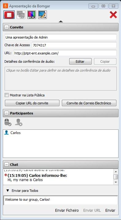 Na secção Convite, pode inserir um nome para a sua apresentação se quiser ou utilizar a entrada genérica predefinida, incluindo o nome do técnico de apoio ao cliente.