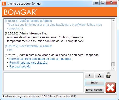 Durante a sessão, o seu cliente pode conversar consigo e pedir para enviar ficheiros para o seu computador. O seu cliente também pode alterar o tamanho do tipo de letra do vídeo de chat.