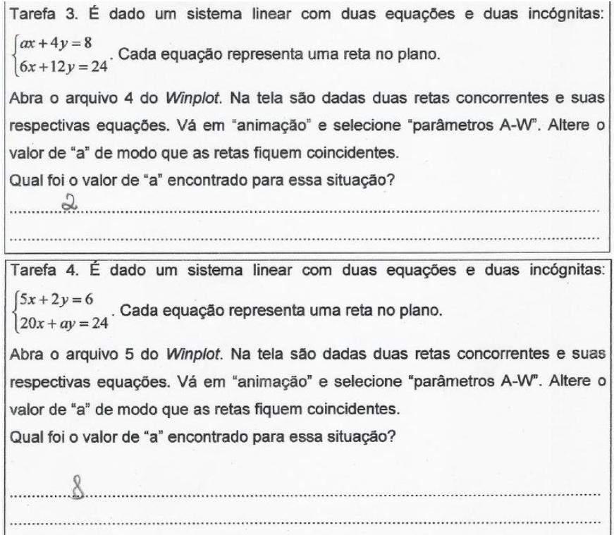 173 Nas tarefas 3 e 4, foram apresentados sistemas com duas equações e duas incógnitas, em que o parâmetro "a" era o coeficiente da incógnita x ou de y.