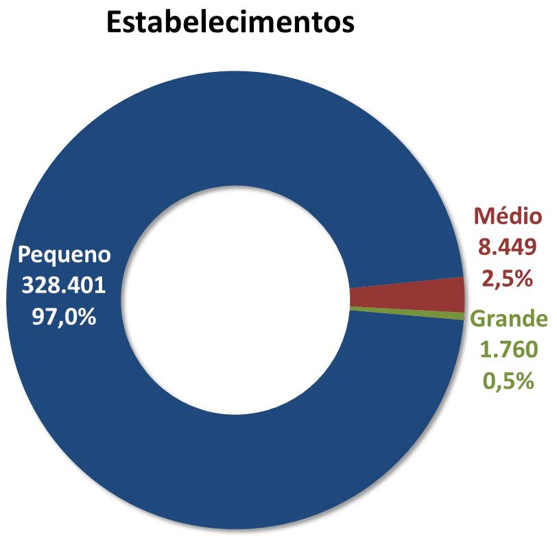 de porte médio, com 100 a 499 empregados formais, representavam 2,5% do total (8.449 estabelecimentos).