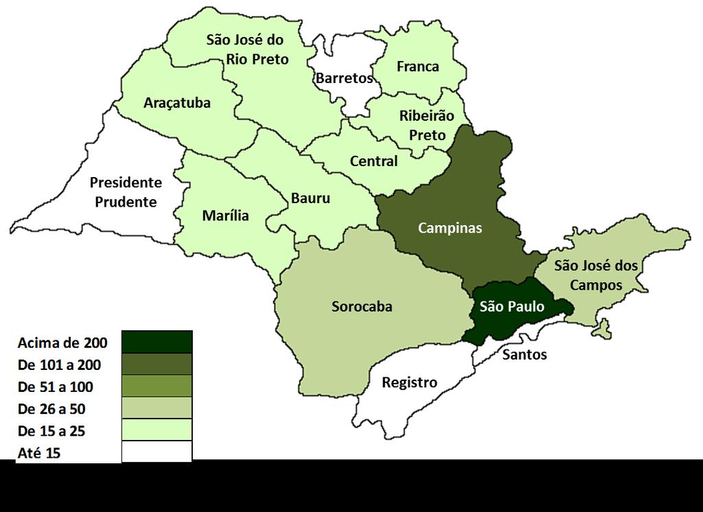 Figura 2: Distribuição dos Estabelecimentos de Grande Porte (500 ou mais empregados formais) por Regiões Administrativas do Estado de São Paulo em 2016 Observou-se a distribuição entre as Regiões