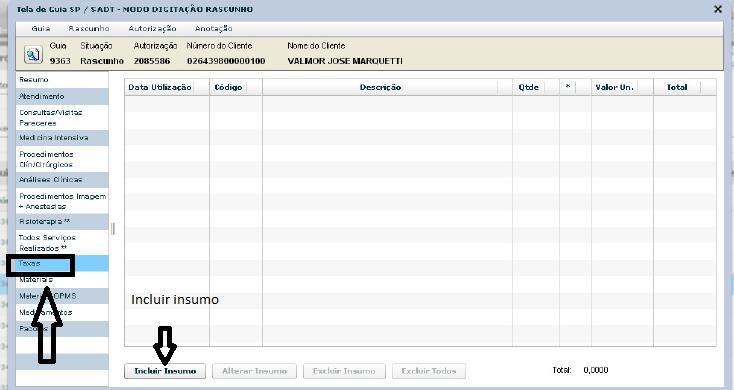 Nessa aba deve-ser colocar todos os tipos de taxas.