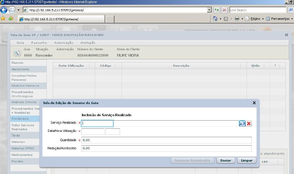 1.1.Serviço Realizado: Deve-se colocar o código do procedimento realizado pelo usuário. 1.2. Data/Hora Utilização: Deve-se colocar a data e hora em que o procedimento foi realizado. 1.3.