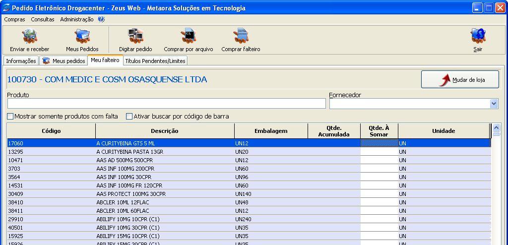 Meu Falteiro A caixa de embarque é visualizada na coluna Embalagem. Para fazer um pedido através do falteiro, é só digitar a quantidade de produtos desejados na coluna Quantidade a Somar.