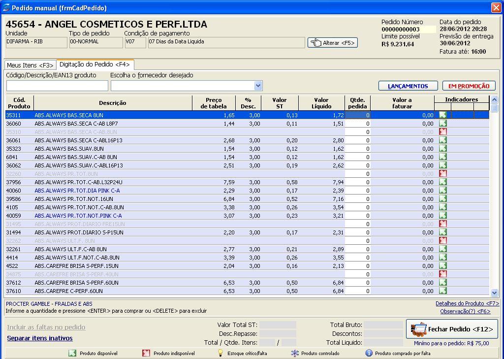 Para localizar um produto, basta clicar no campo e digitar a descrição do produto, código interno (Drogacenter) ou código de barras (EAN13).