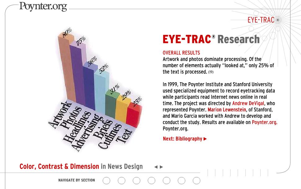 9. Se prosseguimos com a navegação, atingimos o capítulo onde é referido o estudo efectuado pelo Instituto Poynter sobre "Eye tracking (rastreamento do olhar), ou seja, um estudo feito para medir o