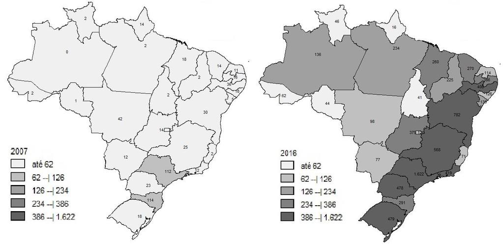 Figura 1 Análise espacial comparativa (2007 e 2016) do número de unidades móveis do SAMU no território brasileiro.