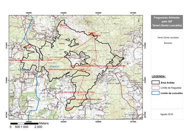 2. CARATERIZAÇÃO DA ÁREA PERCORRIDA PELO INCÊNDIO 2.1. Total em perímetro florestal Não atingiu perímetro floresta. 2.2. Concelhos e freguesias O incêndio teve origem na União das freguesias de Tamel