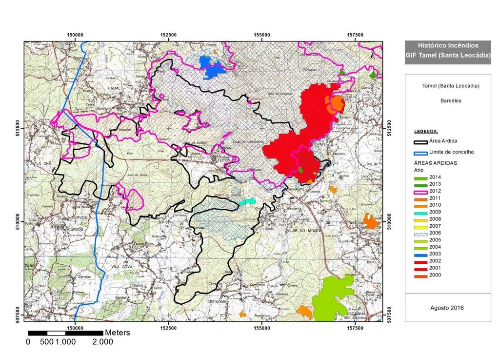 3. HISTÓRICO DE INCÊNDIOS Do mapeamento realizado das áreas ardidas desde o ano de 2000, ou seja nos últimos 15 anos, na zona deste incêndio, constata-se a recorrência de vários fogos com proporções