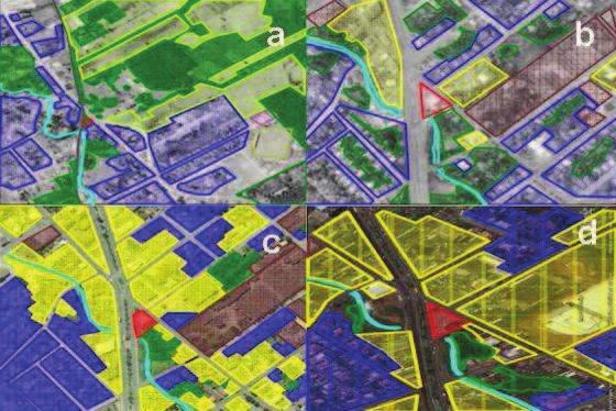 112 Figura 44 Imagens aéreas temporais da área do posto de combustíveis: a) imagem aérea de 1957; b) imagem aérea de 1978; c) imagem aérea de 2001; d) imagem aérea de 2010.