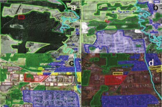 85 Figura 24 Imagens aéreas temporais da área da indústria de colorifício: a) imagem aérea de 1957; b) imagem aérea de 1978; c) imagem aérea de 2001; d) imagem aérea de 2010.