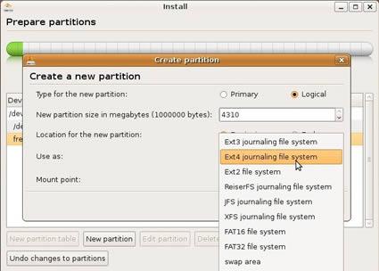 particionamento automático, o Ubuntu irá usar-lhe o Ext3. Mas caso pretenda criar partições manualmente, poderá contar com esta opção.
