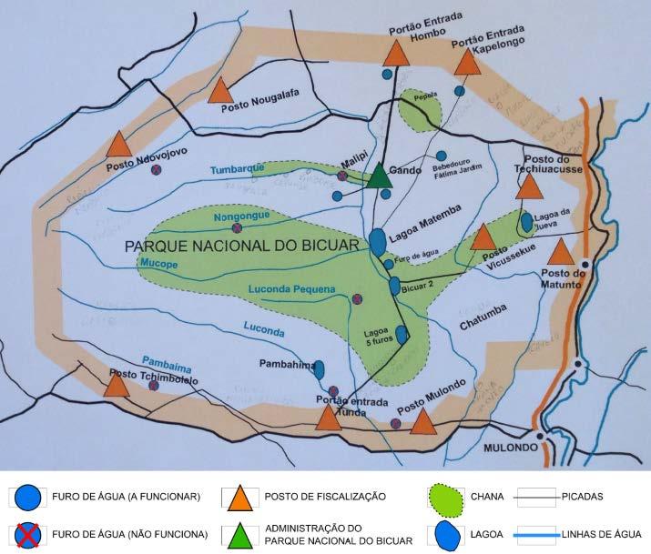 espécies referenciadas no Parque Nacional do Bicuar, algumas das quais em perigo crítico de extinção, como o Rinoceronte negro, e outros em perigo vulnerável como o Elefante